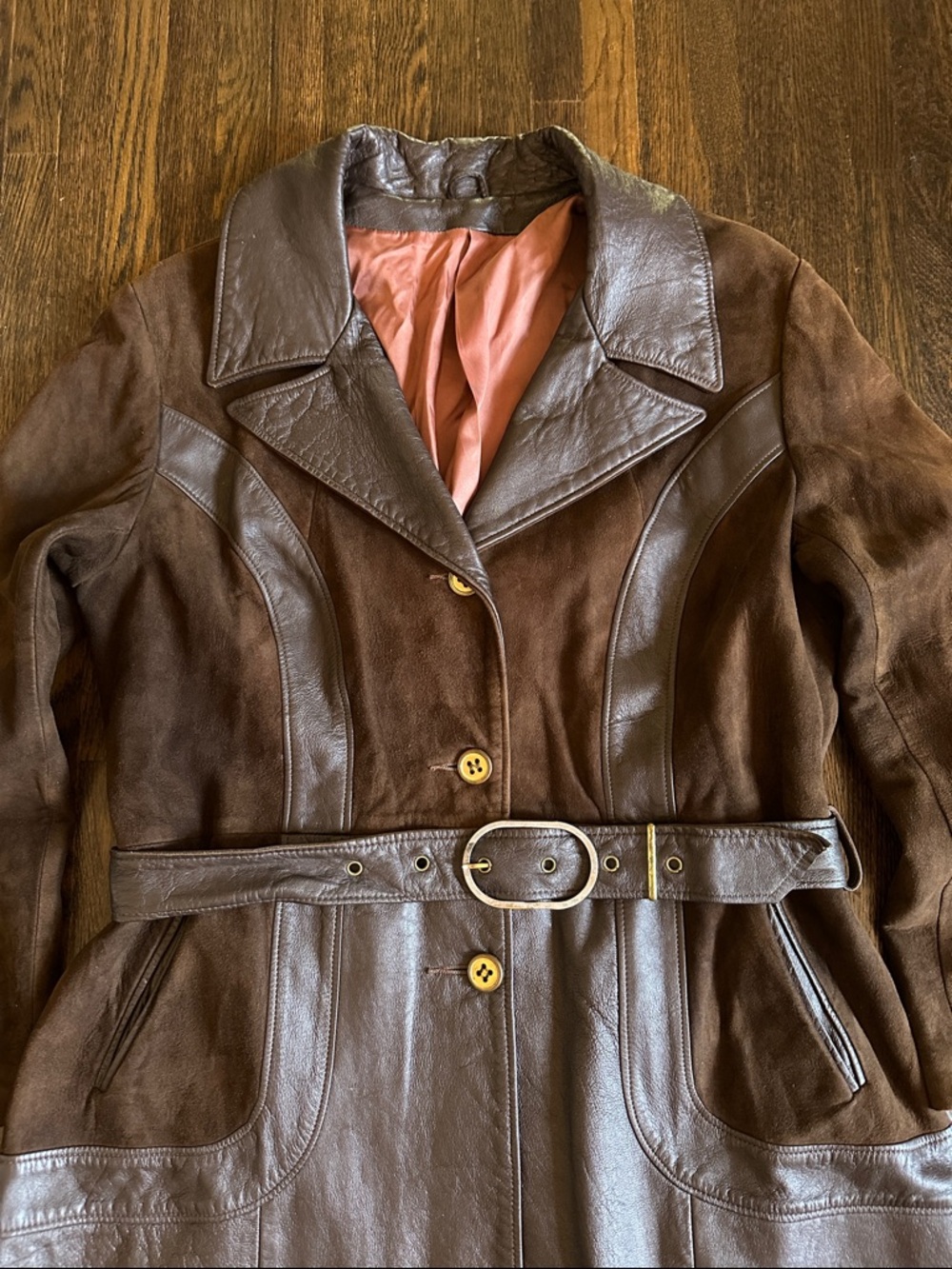 Vintage Brown Leather & Suede Belted lined Women’s Jacket size Large - Picture 3 of 11